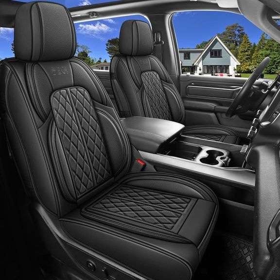 Car Seat Cover Custom Fit for Ford F150 2009-2024 Faux Leather Seat Cover Set Compatible with Crew Quad Regular Cab Pickup Truck Cushions (Black, Full Set) image