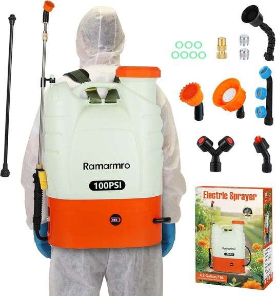 Battery Powered Backpack Sprayer 4 Gallon Lawn Garden Sprayer,100 PSI Adjustable Pressure with 8 Nozzles and 2 Wands, Weed Yard Sprayer for Lawn, Garden, Cleaning image