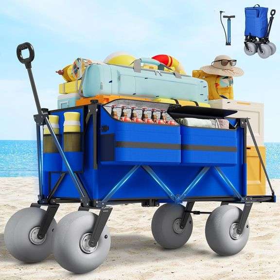 Beach Wagon with Big Wheels for Sand - 450lbs Load Heavy Duty Wagons Carts Foldable with 9" All Terrain Inflatable Tires, Collapsible Beach Cart for Grocery Shopping Garden Sports Camping Outdoor image