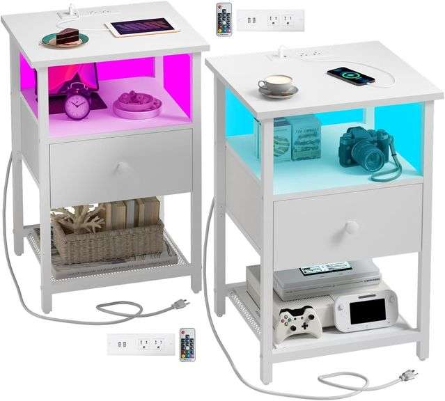 LED Nightstands Set of 2 with Charging Station, Bedside Tables with USB Ports and Outlets, End Table with Fabric-Wood 2-in-1 Drawer for Small Spaces, White Side Table for Bedroom, Living Room image