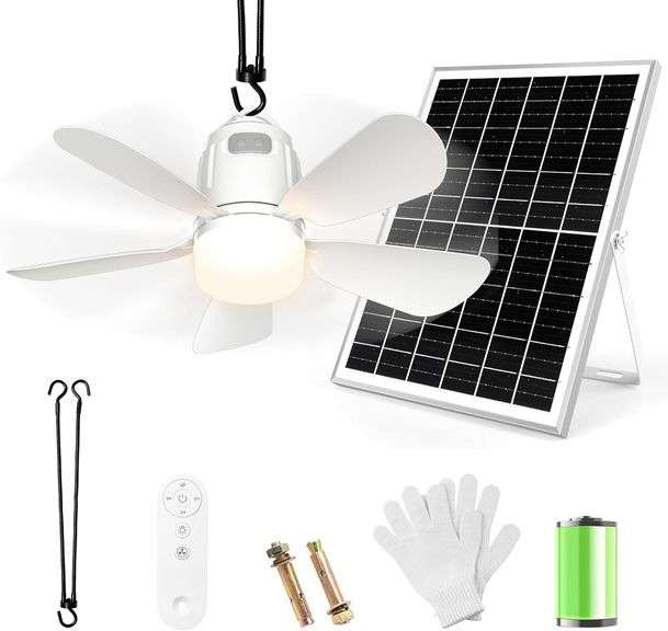 Solar Ceiling Fan Light, 20000mAh Portable Gazebo fan with 30W Solar Powered Fan with Remote Control, Outdoor Ceiling Fan with Light for Patios, Canopy, Shed, RV, Porch and Chicken Coop image