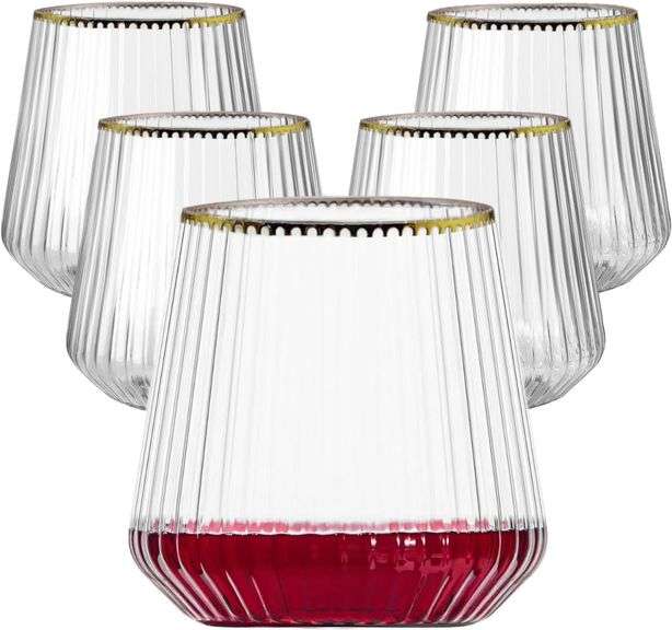 40 Pack Plastic Ribbed Wine Glasses, 14Oz Origami Disposable Wine Glasses Unbreakable Clear Plastic Cocktail Glasses Recyclable Shatterproof Reusable Wine Cups (14oz-Gold Rim 40pack) image