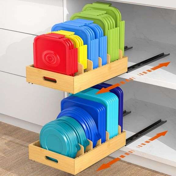 Housolution Pull Out Food Container Lid Organizer with Sliding Rail, Slide Out Plastic Lid Holder Compatible with Tupperware, Bamboo Storage Box with 5 Adjustable Dividers for Kitchen Cabinet, 2 Pack image