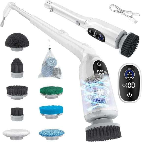 Electric Spin Scrubber, 2025 Upgraded Cordless Bathroom Scrubber with Adjustable Telescopic Handle, 8 Brush Heads, LED Display, 3 Speeds, IPX7 Waterproof Bathroom Electric Shower Cleaning Brush image