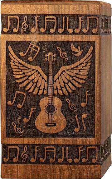 Handcrafted Wooden Cremation Urn for Human Ashes - Guitar Wings of Angel with Musical Notes, 250lbs Capacity - Suitable for Burial for Men, Women, Mom, Dad - Decorative Funeral Urn Box and Casket image