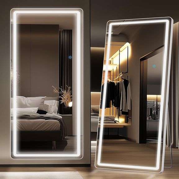LED Full Length Mirror, 76" x 34" Oversized LED Mirror Full Length Lighted Floor Standing,Hanging Mirror Floor Mirror with Lighted Stand Free Standing Floor Mirror for Bedroom,Livingroom,Rect Style image