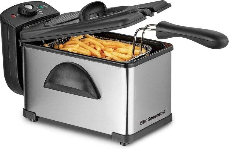 Elite Gourmet EDF2100 Electric Immersion Deep Fryer Removable Basket Adjustable Temperature, Lid with Viewing Window and Odor Free Filter, 2 Quart / 8.2 cup image
