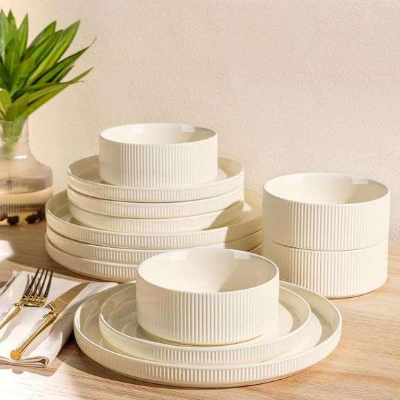 TheTerra Ceramic Dinnerware Sets for 4, 12 Pieces Porcelain Lightweight Plates and Bowls Sets, Scratch Resistant Dish Set, Oven & Microwave & Dishwasher Safe, Beige image