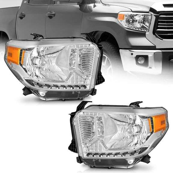 WEELMOTO Headlights for 2014-2021 Toyota Tundra, Not For Models W/Adjustable Headlight Leveling Dial/Buttons *Not Compatible* W/Factory LED DRL Models, Headlamp Replacement Chrome Housing image