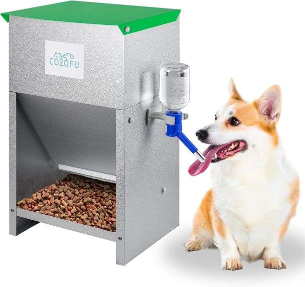 Automatic Gravity-Fed Dog Feeder with Water Bowl - Galvanized Steel Indoor/Outdoor Pet Food Station - 25lb Heavy-Duty Kibble Dispenser for All Dog Sizes image