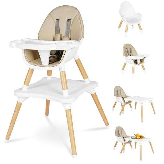 6 in 1 High Chair for Babies & Toddlers, Convertible Wooden Baby Highchair, Table and Chair Set, Baby Feeding Chair, 5-Point Adjustable Harness/4-Position Removable Tray& PU Seat Cushion(Beige) image