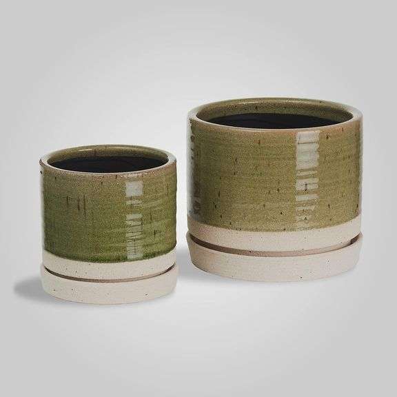 6 + 8 Inch Plant Pots, Ceramic Planter Pot with Drainage Hole & Saucer, Indoor/Outdoor Cylinder Round Planter Pot, Green image