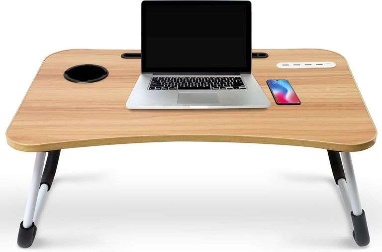 Hometech Solutions Foldable Lap Desk for Laptop and Writing - Includes Tablet Stand and Cup Holder (Wooden) image