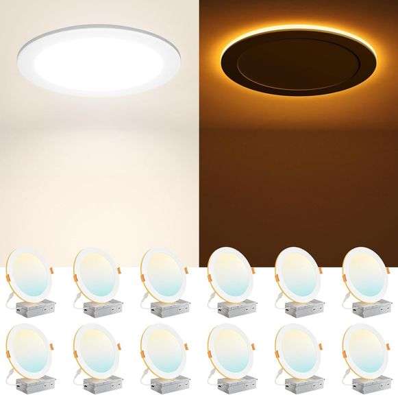 Amico 12 Pack 8 Inch 5CCT LED Recessed Ceiling Light with Night Light, 2700K/3000K/3500K/4000K/5000K Selectable Ultra-Thin Recessed Lighting, 18W=120W, 1600LM, Dimmable Canless Wafer Downlight ETL&FCC image