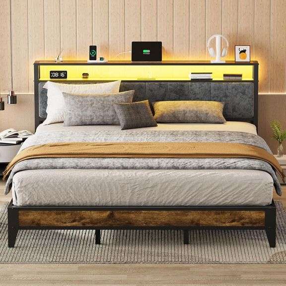 OLEVS King Bed Frame with Headboard, Metal Platform Bed King Size with 2-Tier Storage, LED Light & Charging Station Type C, No Box Spring Needed, Easy Assembly image