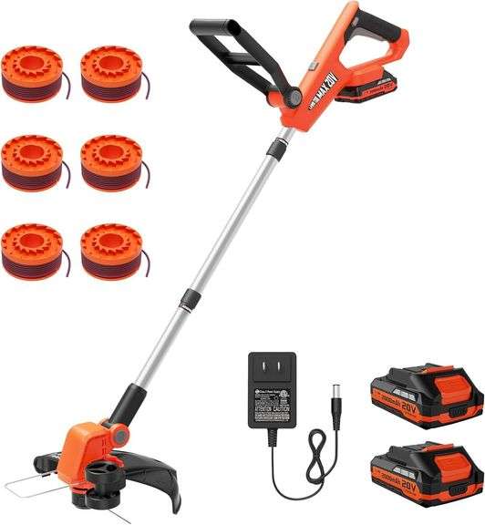 VARSK 20V String Trimmer Cordless, 12 Inch 2 in 1 Trimmer and Edger, Automatic Line Feed, Includes 2 X 2.0Ah Batteries/1 X Fast Charger/6 X Spare Spools, for Lawn, Garden, etc, Orange image
