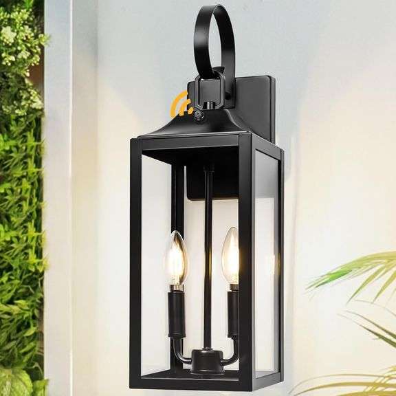 Black Dusk to Dawn Outdoor Wall Lantern 2-Light, 19" Large Outside Modern Porch Sconce Light Fixture, Industrial Porch Light Wall Mount with Glass, Waterproof Farmhouse Exterior Lamp Lighting image