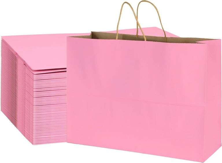 BLEWINDZ 70Pcs Pink Gift Bags Large 16x6x12 Inches Kraft Paper Bags with Handles Bulk   Goodie Bag Shopping Bag for Grocery Merchandise image