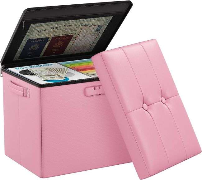 DocSafe Storage Ottoman Foot Rest Stool with Lock   Handles, Fireproof Folding Leather Footstool Bench with Storage Safe for Living Room Bedroom, Home Office, Dorm, 17x13x13in, Pink image