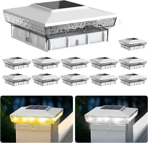 Solar Post Cap Lights, 12-Pack Upgraded Outdoor Deck Fence Post Solar Lights for 4x4 5x5 Wood/Vinyl Posts, IP65 Waterproof, 10-12 Hours Warm/Cool White Glow for Garden/Patio/Porch - White image