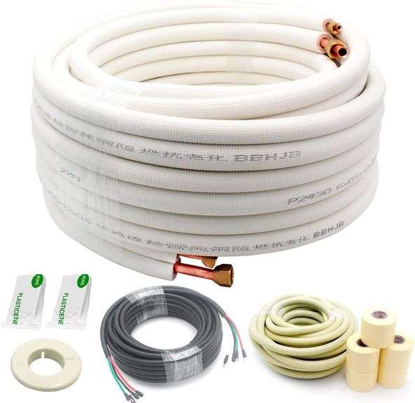50ft Length Mini Split Line Set 1/4" 3/8" OD Copper Pipes Tubing and 3/8 White PE Thickened Insulated with Flared Nuts for Mini Split Air Conditioner HVAC or Heat Pump for 9000BTU (1/4+3/8 with wires) image