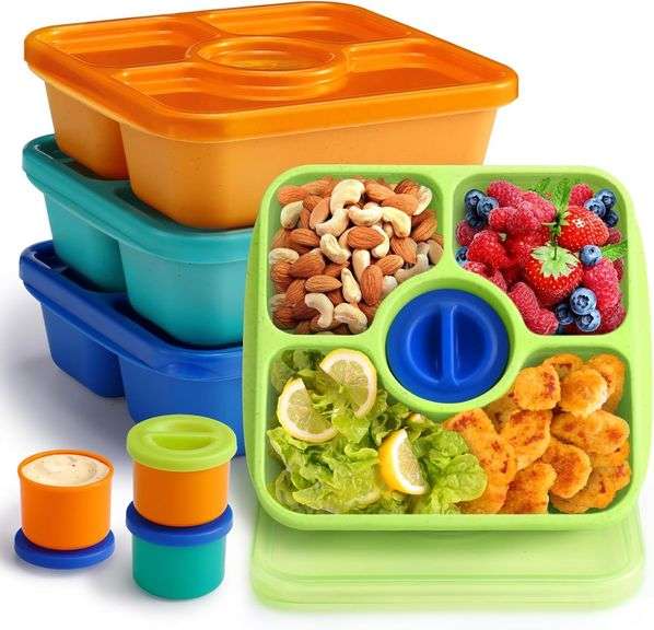 QQKO Bento Snack Box Containers for Adults Kids, 4 Pack Lunchable Meal Prep Containers Reusable, Stackable Bento Lunch Box, Food Storage Prep Containers with Lids and 4 Sauce Cups, Jewel Color image