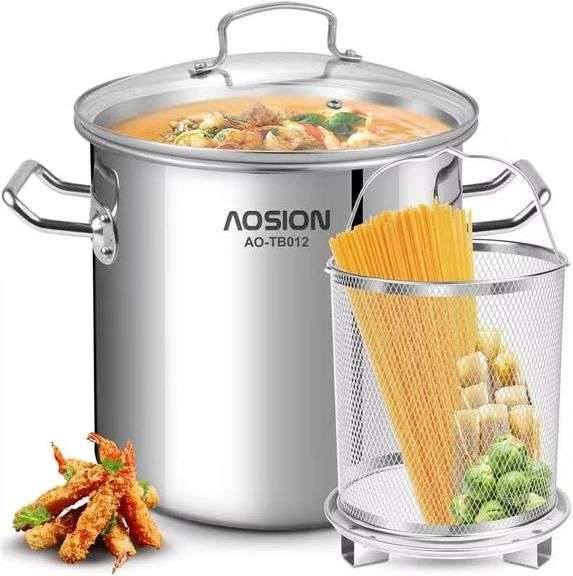 AOSlON 12 Quart Stock Pot with Lid, Stainless Steel Cooking Pot, Large Tamale Soup Pot, Pasta pot with Deep Fryer & Steam Rack for Seafood, Pasta, Dishwasher & Oven Safe image