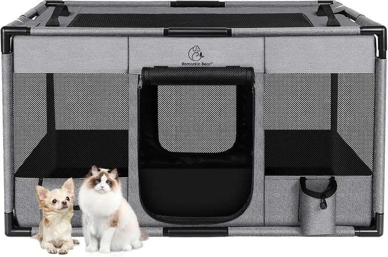 Dog Playpen,Fabric Fence, Portable Soft Cat Kennel Crate,Breathable Exercise Puppy Pen,PVC Pipe Frame,Indoor Outdoor Cage for Small Animals Under 25 Ibs with Carrying Case(Grey M) image