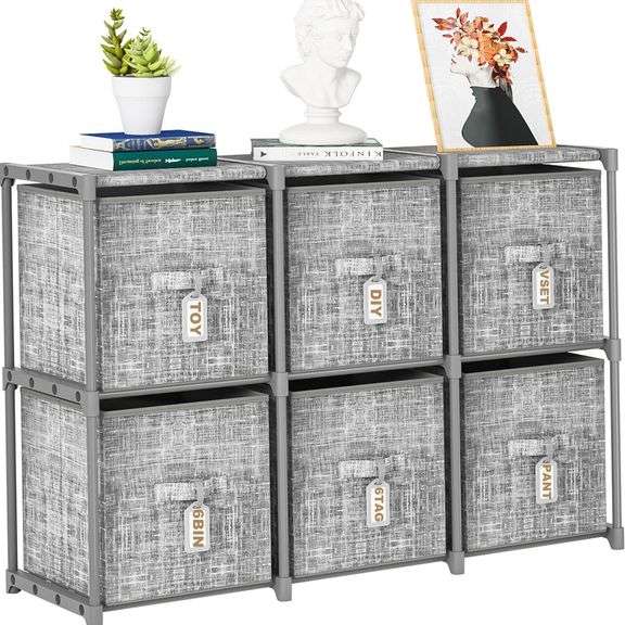 Cube Storage Organizer Shelf with 6 Printed Bins + Labels, Cubby Storage Organizer with Bins, Large Capacity Shelves for Storage,Closet, Living Room, Dorm, Yarn image