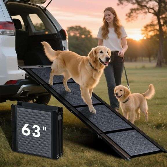 HBTower 63" Long & 17.3" Wide Folding Dog Ramp for Car, SUV & Truck   Portable Pet Ramp with Non-Slip Surface, Extra Wide Steps for Large Dogs Up to 250LBS image