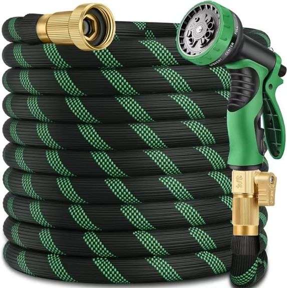 100 ft Heavy Duty Garden Hose - Super Flexible Leader Water Hose with 10 Pattern Spray Nozzle,Hybrid Rubber Hose Car Wash Pipe,3/4' Solid Brass Conne image