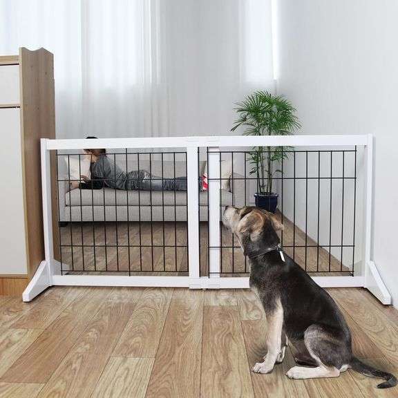 ZJSF Freestanding Doorway Dog Gate Adjustable Wooden White Expandable Pet Gate for The House Indoor Dog Gates Extra Wide Dog Fence  30"-53" W x 24"H image