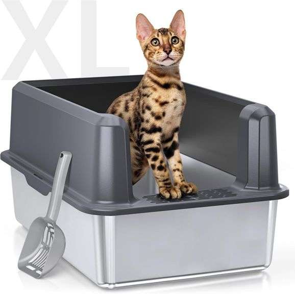 Enclosed Stainless Steel Cat Litter Box with Lid, XL Extra Large Litter Box for Big Cats, Metal Litter Pan High Sided, Never Absorbs Odors, Anti-Urine Leakage, Easy Cleaning, Include Scoop image