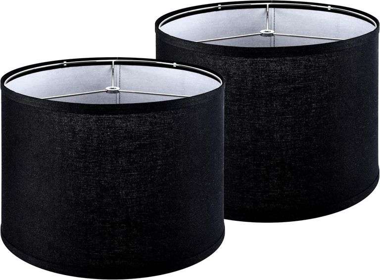 Black Drum Lamp Shades Set of 2 Medium Linen Lampshade 13``Top x 13``Bottom x 10``High(Spider) Modern lamp shade for Table& Bedside Lamp - Top and Bottom Self Trim Shade Replacement image