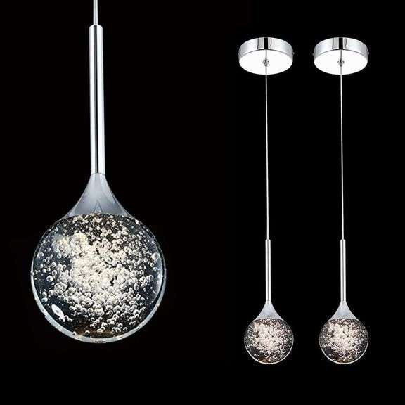 Modern Crystal Pendant Lighting for Kitchen Island Chrome Mini Globe Chandelier Bubble Crystal Dimmable LED Hanging Light Fixtures for Bedroom Bar Bathroom 2-Pack image