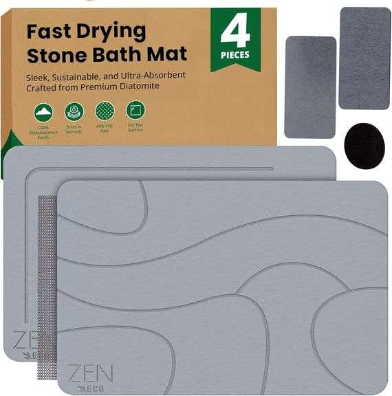 4Pcs Stone Bath Mat - No Smell Quick Dry Diatomaceous Earth Bath Mat - Super Absorbent Diatomite Stone BathMat Non-Slip, Easy to Clean 1xStone &1xFoldable Mat, 2xStone Dishes 23.5 15.5" image