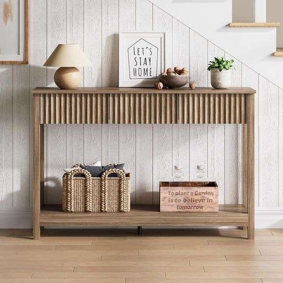 Treocho 47" Console Table with Drawers, Fluted Narrow Entryway Table with Open Shelf, Farmhouse Sofa Table Behind Couch for Hallway, Living Room, Brown Walnut image