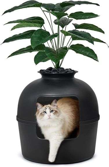 Secret Litter Box by Bundle & Bliss - Hidden Litter Box Enclosure with Odor Control Carbon Filter, Faux Plant and Real Stones, Perfect for Large Cats (Matte Black) image