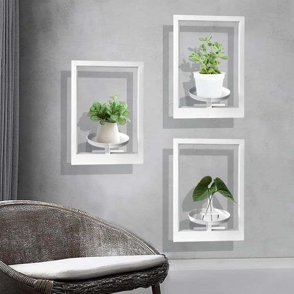 Picture Frame Plant Holder, Wall Mount Plants shelf Indoor Outdoor, Metal Hanging Planters Stand Decor, Window Planter Hanger Shelves, Modern Floating Ornament Rack Art for Home & Garden(White 3pc) image