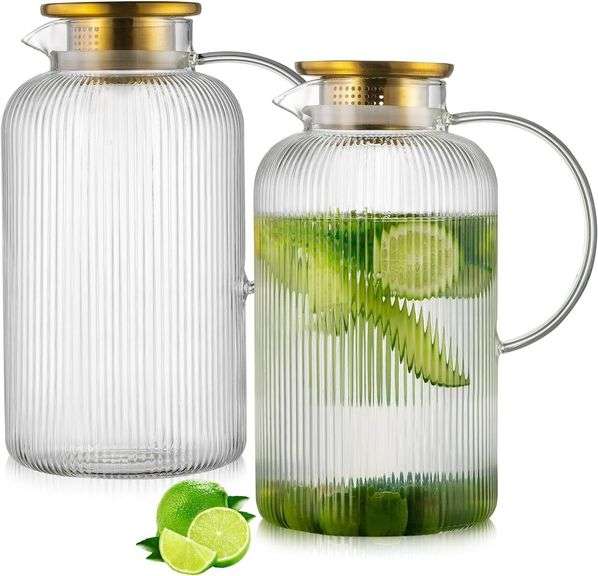 Glass Pitcher with Lid, 100 oz/ 3 Liter Classic Vertical Stripes Water Pitcher,Glass Water Carafe for Cold Brew, Coffee, Lemonade, Iced Sun Tea,Beverage, Milk, Heat Resistant image