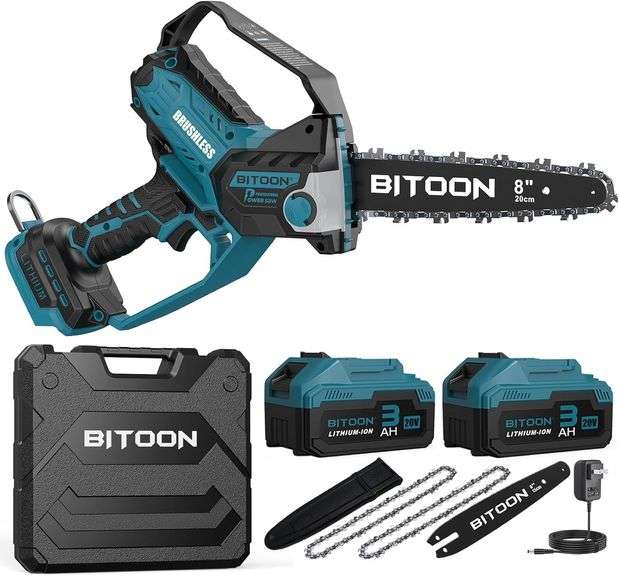BITOON 8-Inch Mini Chainsaw with 2PCS 3.0Ah Battery and Charger, Auto-Oiler, Brushless Cordless 8-Inch and 6-Inch 2-in-1 Pruning Chain Saw, Portable Electric Chainsaw for Cutting Wood, Branches Blue image