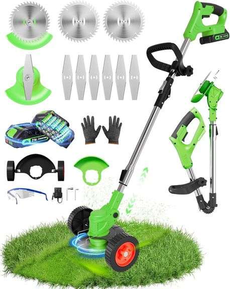 Electric Weed Wacker, 2-in-1 Foldable Cordless Weed Eater Battery Powered, Lightweight Grass Trimmer/Brush Cutter with Adjustable Length & Blades, for Garden and Yard (Green) image