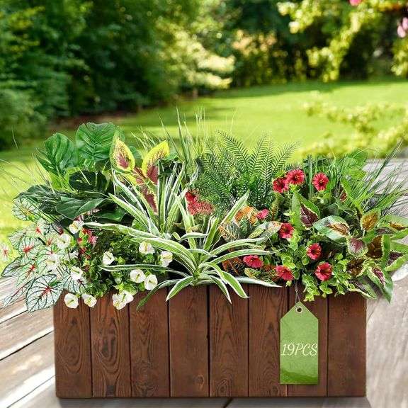 19PCS Artificial Plants Outdoor UV Resistant Faux Greenery Stems & Flowers Realistic Fake Shrubs Bushes for Patio Garden Front Porch Yard Decor image