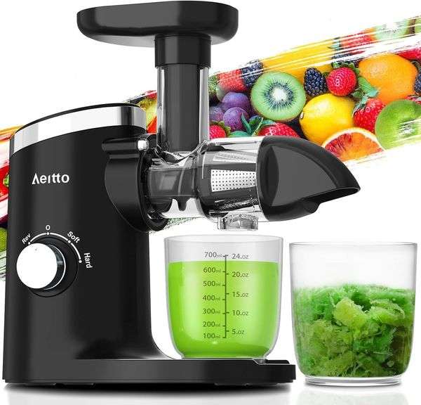 Aeitto Juicer, Cold Press Juicer with Soft & Hard Modes, Quiet Motor, Reverse Function, Juicer Machines Vegetable and Fruit, Juice Extractor machine, Easy to Clean with Brush, Black image