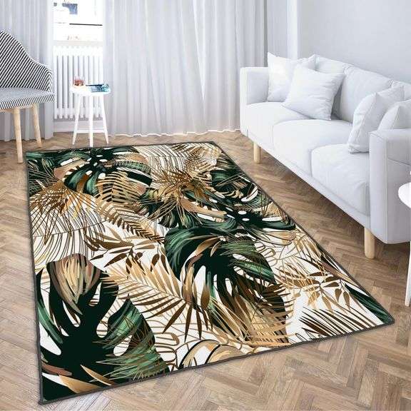 Ansouyi Non-Slip 5x7 ft Area Rugs, Washable Rug Carpet for Living Room, Emerald Green Gold Tropical Botanical Plant Home Decor Rugs for Game Room Classroom Bedroom Dining Kindergarten Room image