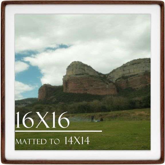 16x16 Square Picture Frame in Natural Walnut Wood, Solid Wooden Frames matted to 14x14, Gallery Frames for Wall Mount image