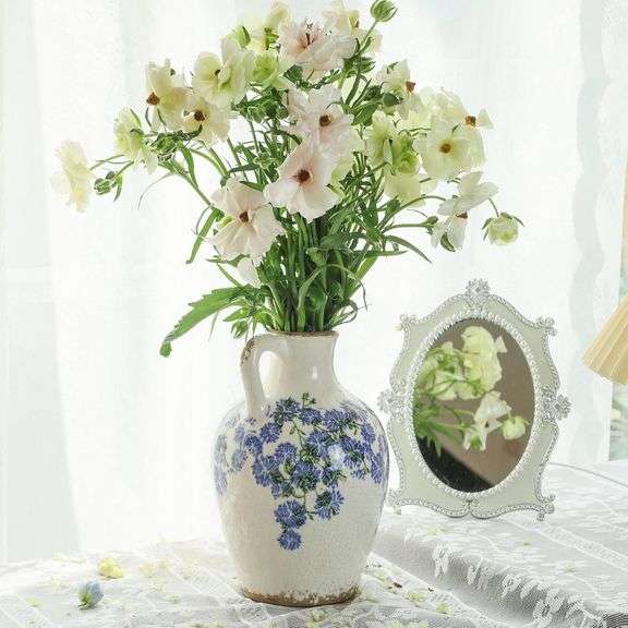 Vintage 12  Flower Vase with Handle Retro Ice Crackle Waterproof Chinoiserie Ceramic Pitcher Blue and White Vase for Home Decor image