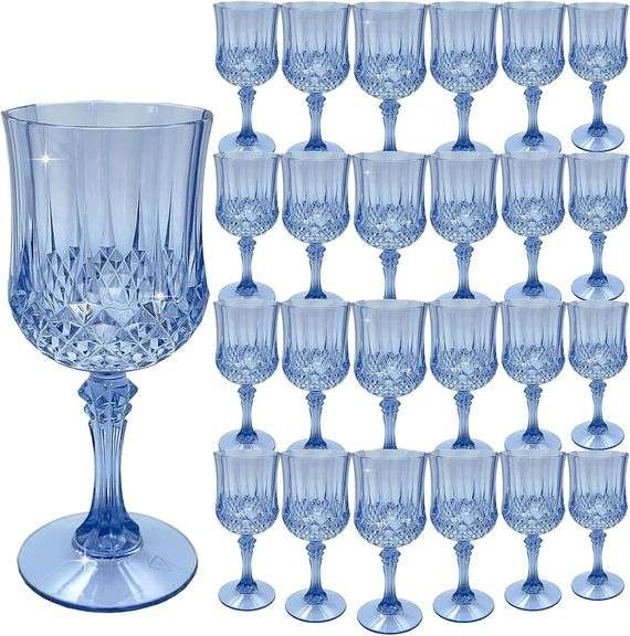 Plastic Wine Glasses Plastic Goblets Vintage Style Cordial Drinking Glasses for Wedding Reception, Grand Event Party Supplies (24, Blue) image