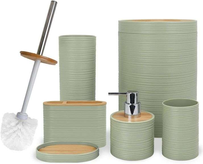 CERBIOR Bathroom Accessories Set 6 Piece Bamboo Bath Ensemble Includes Soap Dispenser, Toothbrush Holder, Toothbrush Cup, Soap Dish for Decorative Countertop and Housewarming Gift, Sriral Green image