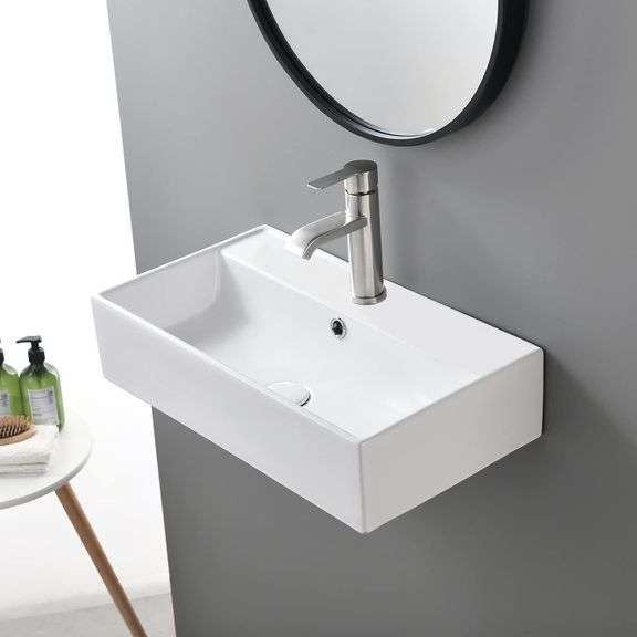 SHACO Wall Mount Bathroom Sink, 21x12 Inch Small Bathroom Sink with Wall Mount Screw, Commercial Wall Hung Floating Sink White Single Hole Lavatory Powder Room Washroom image